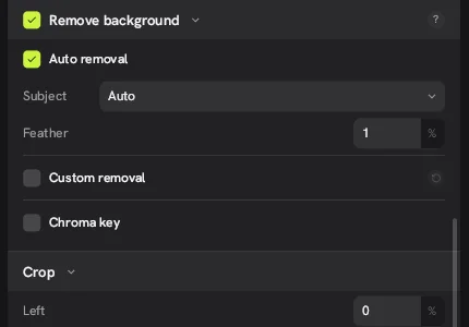 Remove background section in the Concat inspector with Auto removal, Subject set to Auto, Feather, Custom removal and Chroma key