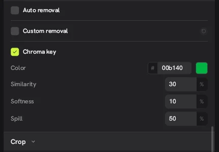 Chroma key settings in the Concat video editor with the key color 00b140, Similarity 30%, Softness 10% and Spill 50%