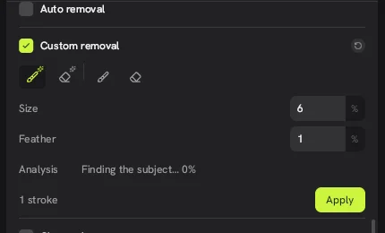 Custom removal in the Concat video editor with smart brush, smart eraser, brush and eraser tools, Size, Feather, one stroke and the Apply button