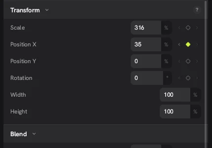 Position X in the Concat video editor set to 35% at a second point in time, with the lime keyframe diamond and the previous keyframe arrow active