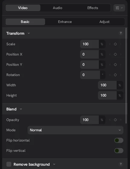 Transform and Blend settings in the Concat video editor inspector with a keyframe diamond next to Scale, Position X, Position Y, Rotation and Opacity