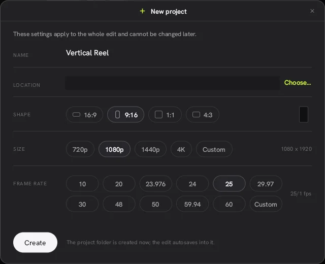 New project screen in Concat with 9:16 shape, 1080p size and 25 fps selected