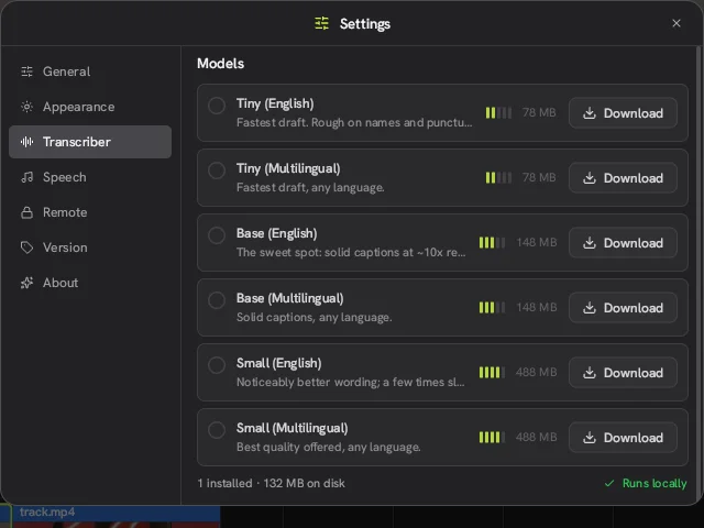Transcriber settings in Concat listing Whisper Tiny, Base and Small models from 78 MB to 488 MB