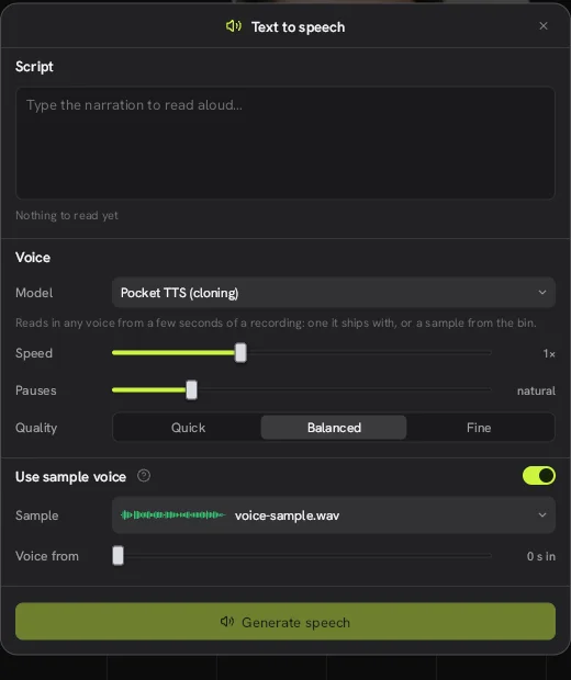 Text to speech in the Concat video editor with Pocket TTS selected, Use sample voice switched on and a voice sample chosen