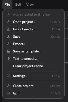 The File menu in the Concat video editor with Add selected to timeline, Import media, Save as template and Text to speech