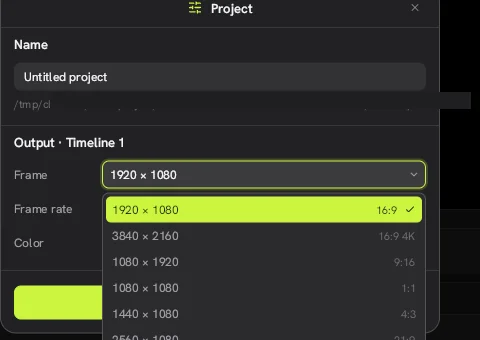 Project sheet in the Concat video editor with the Frame menu open, listing 1920 × 1080, 3840 × 2160, 1080 × 1920, 1080 × 1080, 1440 × 1080, 2560 × 1080 and Custom