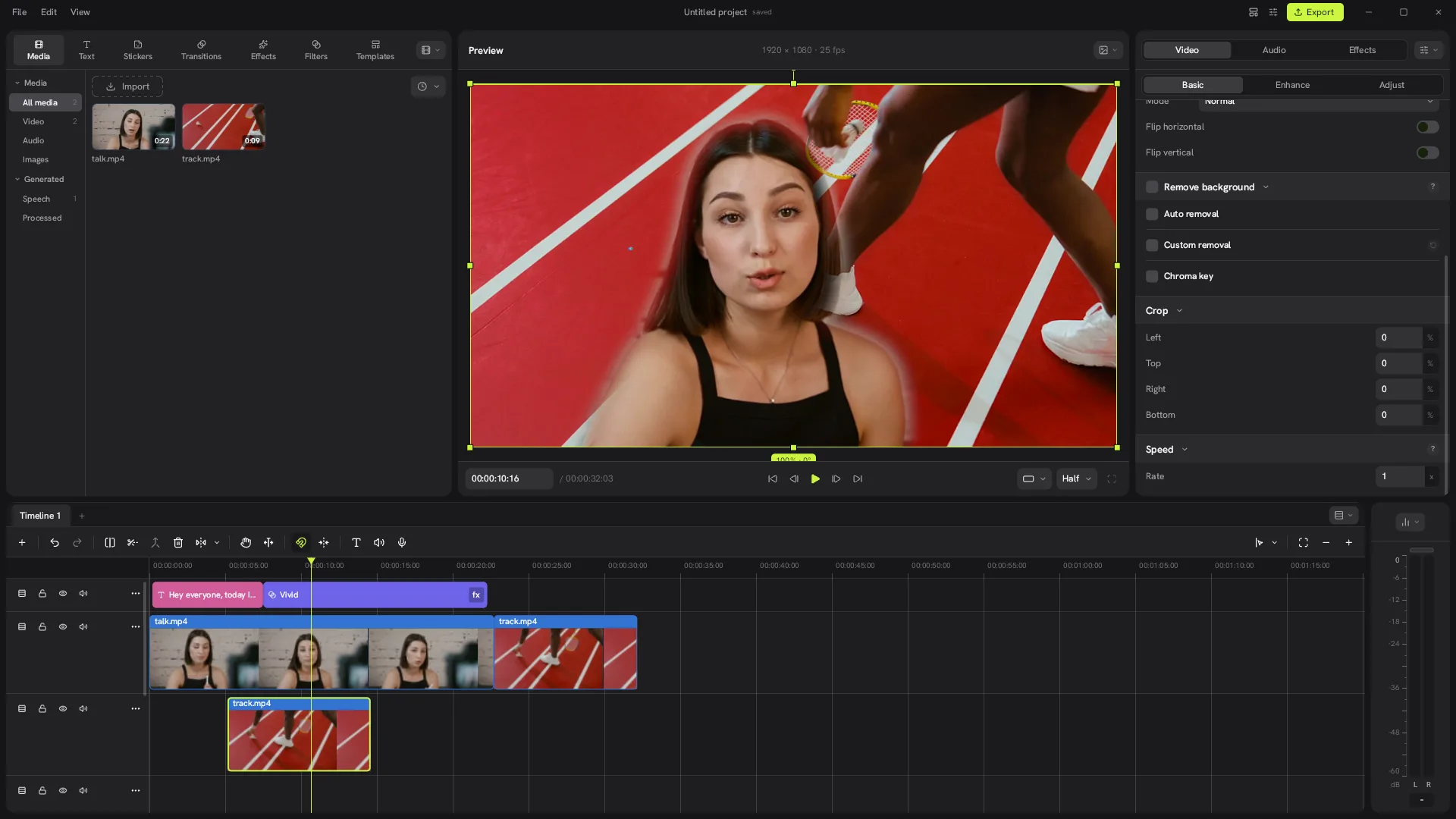 The Concat video editor with background removal applied: the speaker is cut out and placed over a red running track clip